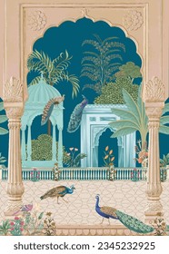 Indian Mughal garden  arch  peacock  bird  plant vector illustration for wallpaper mural art