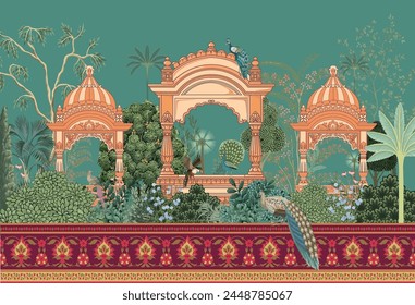 Jardín indio mogol, arco, pavo real, plantas, ilustración de Fondo de pantalla. Tradicional Fondo de pantalla del jardín del bosque de Mughal para las invitaciones.