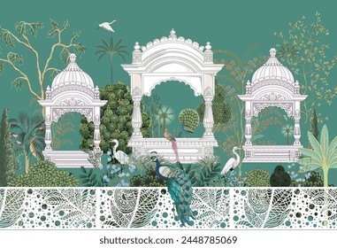 Indian Mughal garden, arch, peacock, plants, illustration wallpaper. Traditional Mughal forest garden wallpaper for invitations.