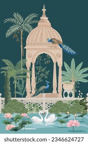 Indian mughal garden with peacock, plants, temple, swan, lake and lotus illustration for invitation