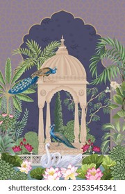 Huerto mogol indio, pavo real, cisne, loto e ilustración de arcos para arte mural