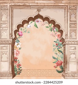 Indian Mughal hand drawn floral arch illustration for invitation