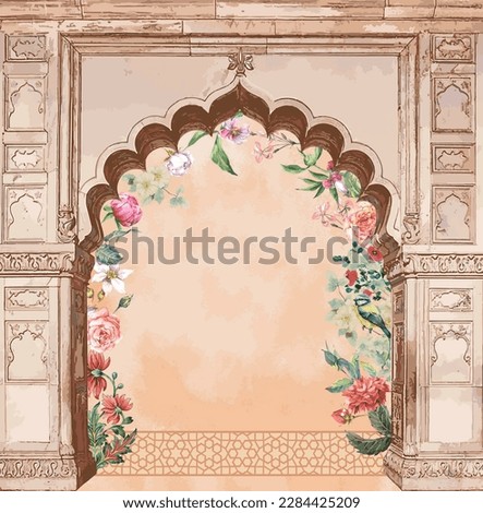 Indian Mughal hand drawn floral arch illustration for invitation