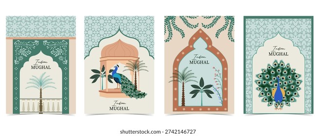 Indian Mughal Inspired background Set with Peacock and Palace Illustration for postcard invitation graphic design