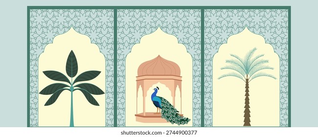 Indian Mughal Inspired background Set with Peacock and Palace Illustration for postcard invitation graphic design