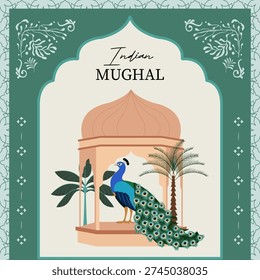 Indian Mughal Inspired background Set with Peacock and Palace Illustration for postcard invitation square graphic design