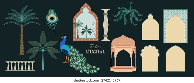 Indian Mughal Inspired element Set with Peacock and Palace Illustration for postcard invitation graphic design