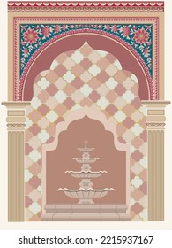 Indian Mughal palace decorative arch, garden vector illustration
