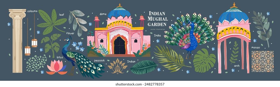 Indian Mughal pichwai garden. Vector illustration of temple, dome, arch with column, tropical plant, peacock, lantern, floral objects for greeting card, flyer, banner or background. 