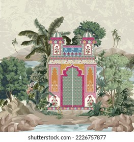 Porte royale mughal indienne, architecture indienne ancienne, illustration vectorielle d'arbre tropical.