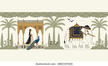 Indian Mughal style horizontal border illustration with an elegant queen, royal elephant, peacock, and traditional pavilion in a tropical palace garden.