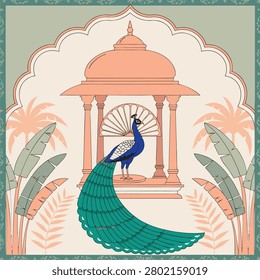 Indian Mughal style illustration featuring a majestic peacock in front of a traditional palace pavilion with tropical palm trees and a decorative arch border.