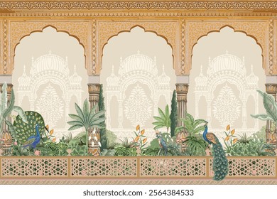 Indian Mughal style Jaipur palace garden, temple, arch with column, tropical plant, peacock, bird, floral decorative frame, border for greeting card, background. Mughal pichwai garden illustration.