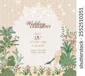 Indian Mughal wedding ceremony invitation card floral elements, decorative arches, peacocks and a soft, elegant color palette with placeholders for event details