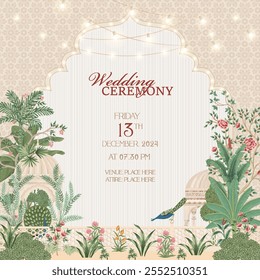 Elementos florales de la tarjeta de invitación de la ceremonia nupcial de Mughal indio, arcos decorativos, pavos reales y una paleta de colores suave y elegante con marcadores de posición para detalles del evento