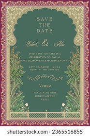 Indian Mughal Wedding Invitation Card Design. Rajasthani arch design invitation card. Save the date deep green wedding card for printing vector illustration.