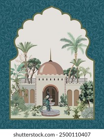 Indian Mughal Wedding Invitation, Mughal Wedding card Design, Mughal Arch, Peacock, Dome, Mughal Plant.