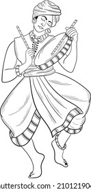 INDIAN MUSIC INSTRUMENT DAFLI PLAYER PLAYING IN A WEDDING HINDU FESTIVAL FUNCTION ARTISTIC VECTOR ILLUSTRATION BLACK AND WHITE LINE DRAWING 