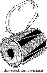 INDIAN MUSIC INSTRUMENT DHOL VEKTORLINE ART SCHWARZ UND WEISSER CLIP ART ILLUSTRATION MIT KÜNSTLERFLORALEN HANDGEPATTERN-DESIGN-Kopie