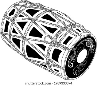 INDIAN MUSIC INSTRUMENT DHOLAK OR DHOL VECTOR LINE ART DRAWING BLACK AND WHITE CLIP ART ILLUSTRATION