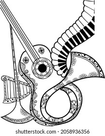 Indian music instrument Horn (bugle), Guitar, Piano, Harp black and white line art drawing. Artistic horn (bugle), guitar, piano, harp with henna style pattern isolated on white background. 