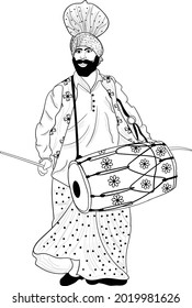 Indian music instrument player wedding symbol. Two Indian wedding instrument player playing dhol and Bigul in wedding vector clip art. Black and white illustration of wedding clip art. 