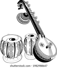 INDIAN MUSIC INSTRUMENT TABLA AND SITAR LINE ART DRAWING ARTISTIC VECTOR ILLUSTRATION.