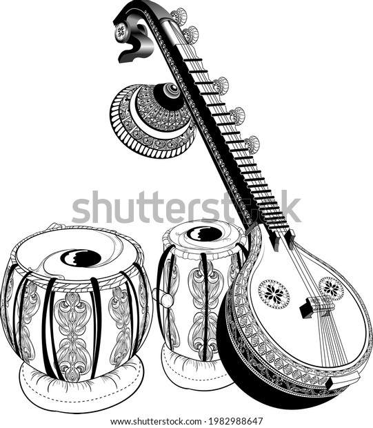 INDIAN MUSIC INSTRUMENT TABLA AND SITAR\
LINE ART DRAWING ARTISTIC VECTOR\
ILLUSTRATION.