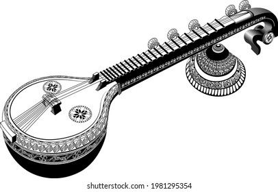 Indian music instrument veena or sitar black and white line art drawing. Artistic Sitar or veena with floral and henna style pattern isolated on white background. 
