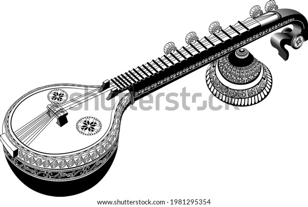 Indian music instrument\
veena or sitar black and white line art drawing. Artistic Sitar or\
veena with floral and henna style pattern isolated on white\
background. 