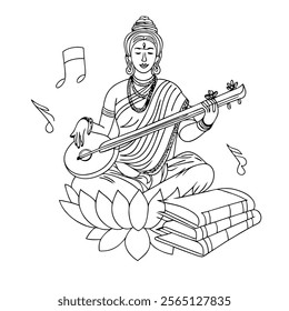 Indian musical Goddess, Illustration of cultural symbol, Playing sitar. (saraswati)