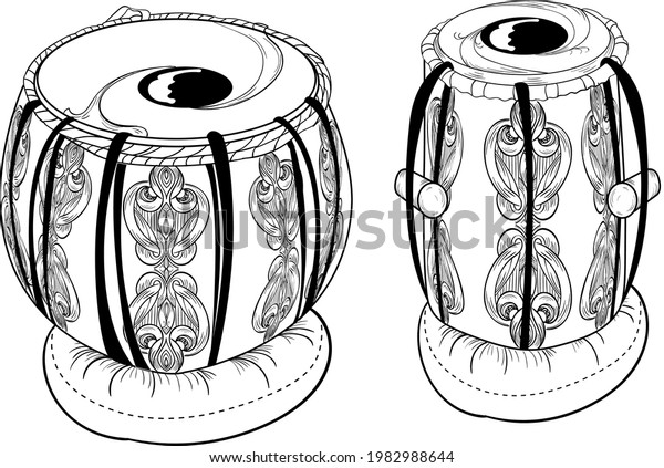 Indian musical instrument tabla\
vector illustration with fine henna design artistic illustration.\
