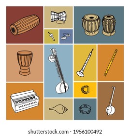 Indian musical instruments line art vector illustration.