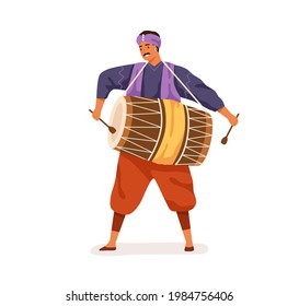 Indian musician playing big dholak drum with sticks. Happy man performing ethnic folk music on traditional instrument of India. Flat vector illustration of street artist isolated on white background