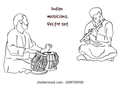 Indian musician playing traditional musical instruments. Vector silhouette set