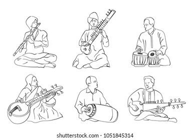 Indian musician playing traditional musical instruments. Vector silhouette set