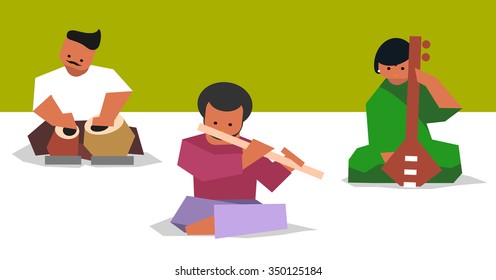 Indian musician playing traditional musical instruments. Vector isolated set 