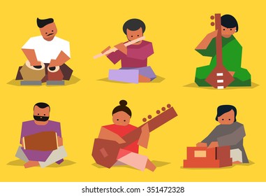 Indian musician playing traditional musical instruments. Vector isolated set 