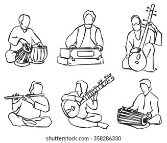 Indian musician playing traditional musical instruments. Vector set 