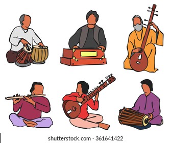 Indian musician playing traditional musical instruments. Vector isolated set 