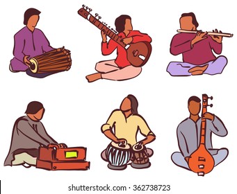 Indian musician playing traditional musical instruments. Vector isolated set 