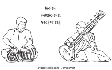 Indian musician playing traditional musical instruments. Vector silhouette set