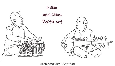 Indian musician playing traditional musical instruments. Vector silhouette set