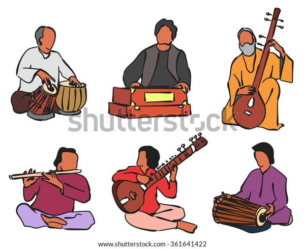 Indian musician playing traditional musical instruments. Vector