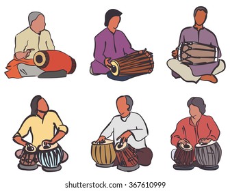 Indian musician playing traditional percussion instruments. Vector drums set 