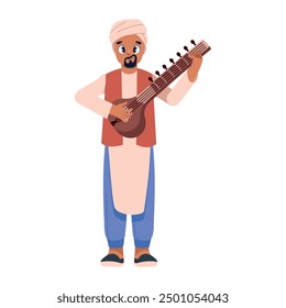 indian musician playing traditional sitar isolated