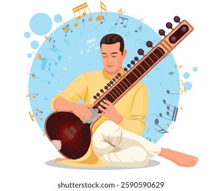  Indian musician playing traditional sitar, indian traditional classical music