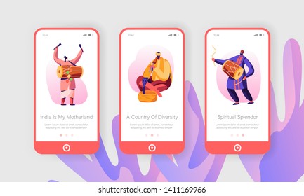 Indian Musicians Performing on Street Play Drums Instruments, Yogi Playing on Pipe for Cobra Snake Mobile App Page Onboard Screen Set Concept for Website or Web Page, Cartoon Flat Vector Illustration