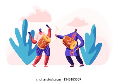 Indian Musicians Playing Classical Music at Ethnic Festival. Asian Man with Dhol at Cultural Celebration. Musical Instrumental Entertainment in India. Drum Instrument. Flat Cartoon Vector Illustration