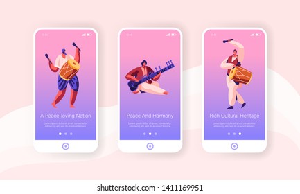 Indian Musicians in Traditional Dressing Perform with Drums, Yogi Playing on Pipe for Cobra Snake Mobile App Page Onboard Screen Set Concept for Website or Web Page, Cartoon Flat Vector Illustration